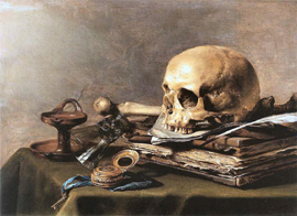 Klik aan voor een detail met het horloge in dit schilderij van Pieter Claesz (1597-1661)