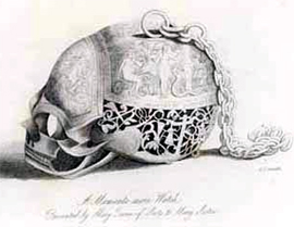 een ets van het "schedelhorloge" van Maria Stuart