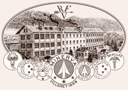 oud schild met fabriek en merknamen Minerva